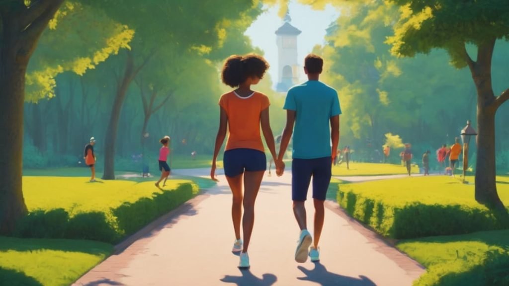 A couple is walking in the park holding hands.