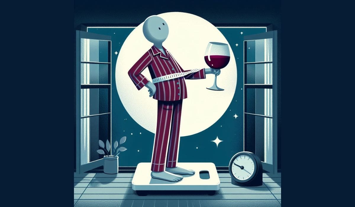 A slim figure in pajamas, holding a glass of red wine, standing on a scale with a moonlit window in the background