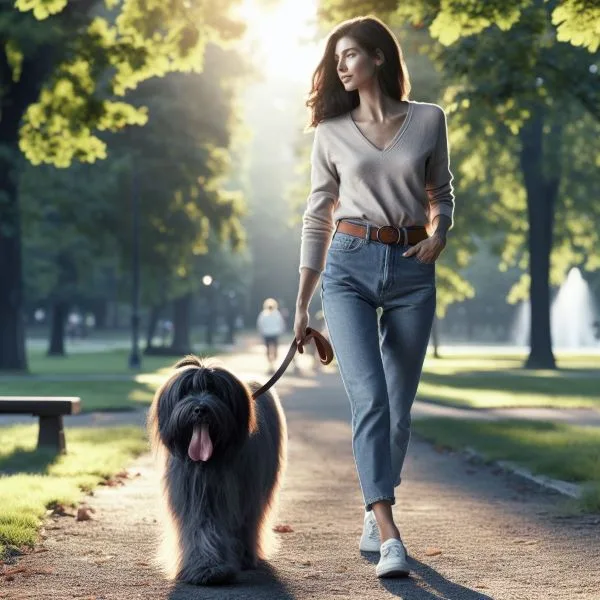 A woman is taking her dog for a walk