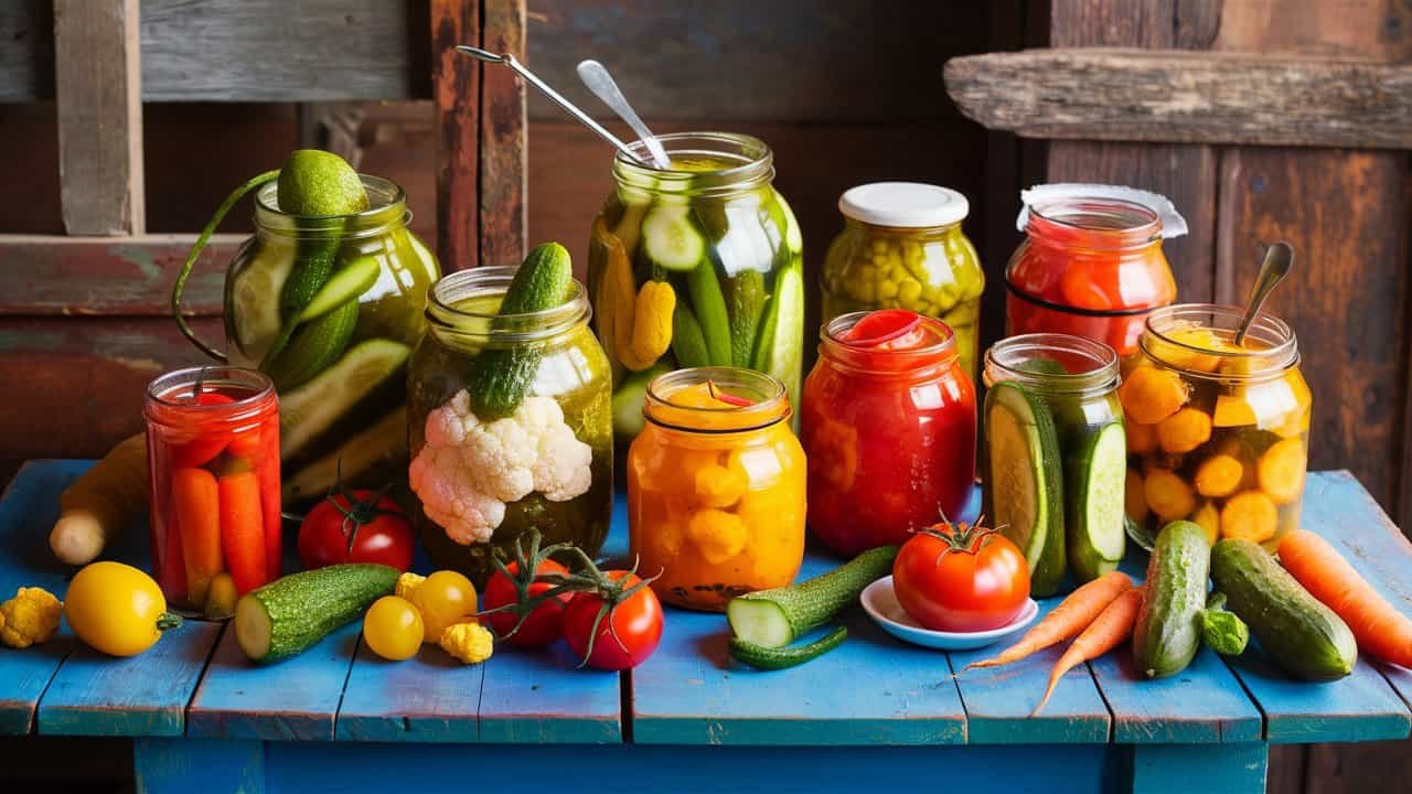 Jars filled with pickled veggetables