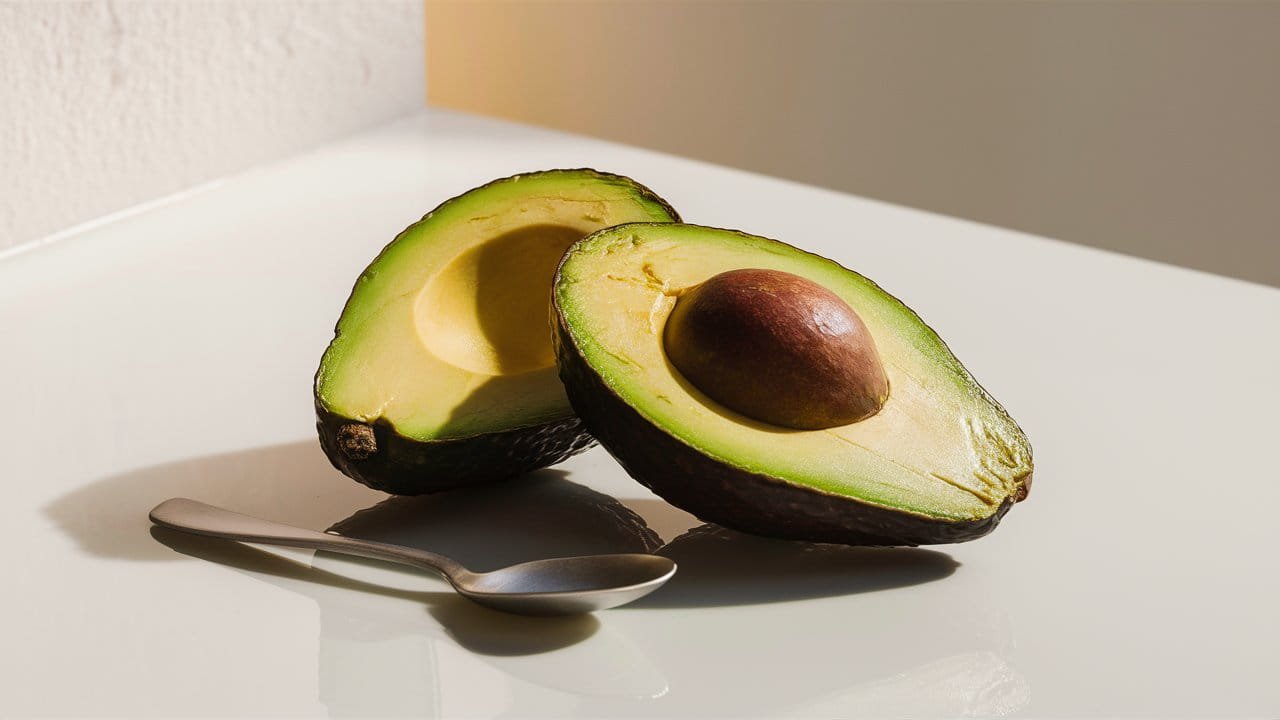 A fresh, split avocado sits on a white surface, with a small spoon next to it.