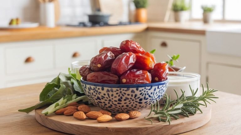 A vibrant bowl of fresh dates surrounded by various nutritious foods.