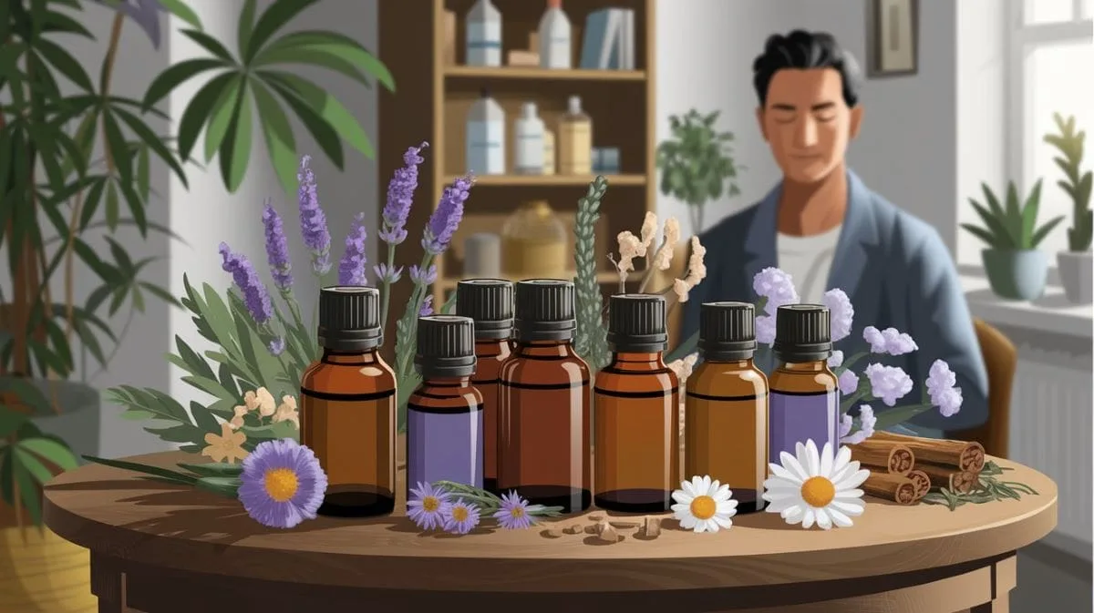 a man is sitting in the back while having essential oils on a table-min