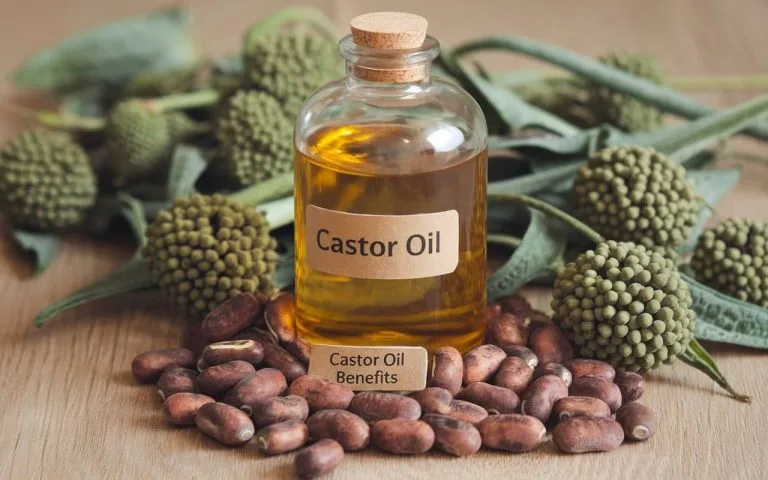 castor oil in a glass bottle