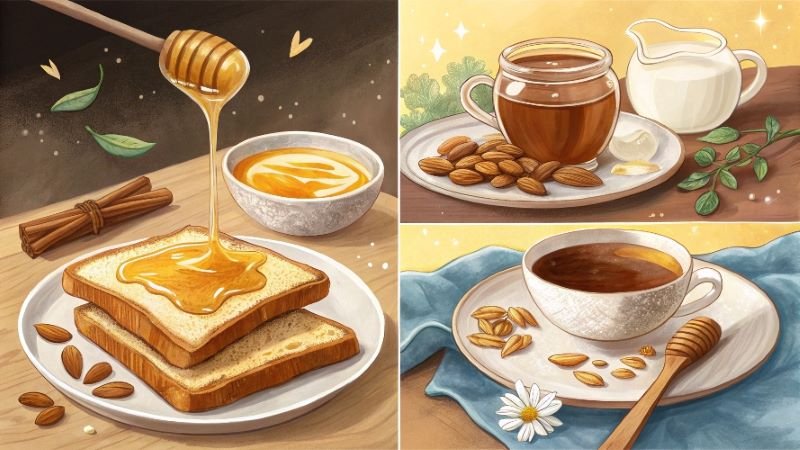 Honey-drizzled toast, almond-topped beverages, and a cup of coffee, presented in a still-life illustration.