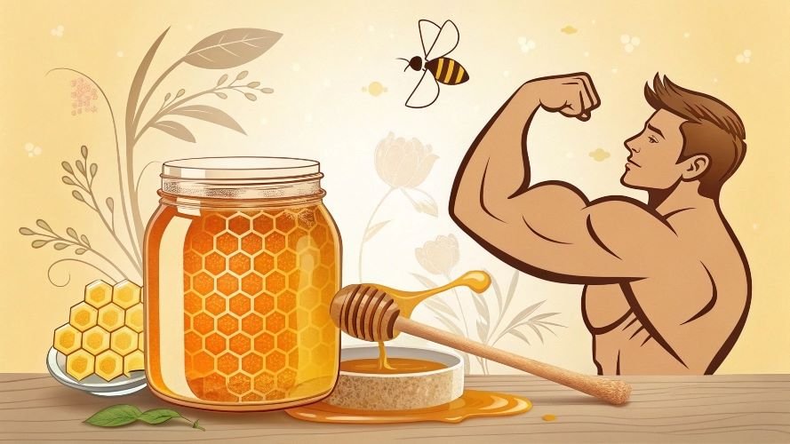 Honey jar, honeycomb, wooden dipper, and a muscular man, all on a light beige background with floral elements.