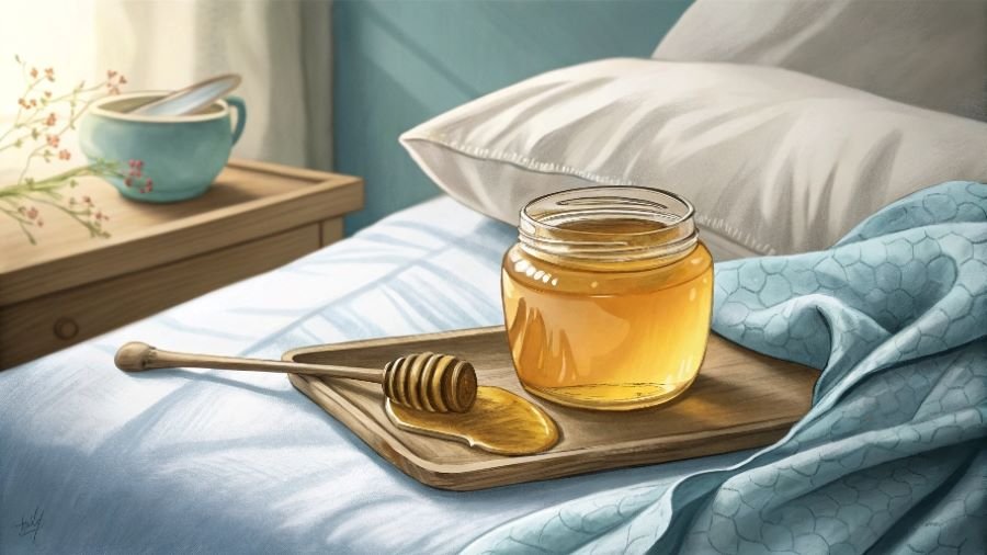 Honey jar on a wooden tray with a honey dipper, resting on a bed with a light teal patterned blanket.