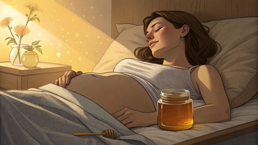 Pregnant woman resting in bed, a jar of honey beside her, bathed in warm sunlight.