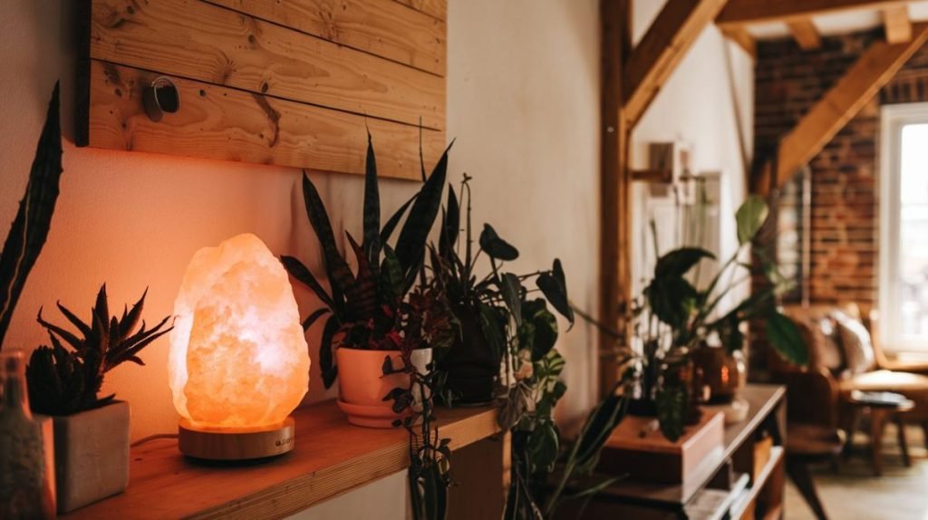 Himalayan rock salt lamp in a warmly lit room