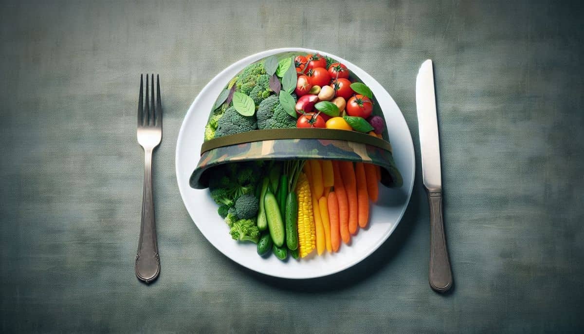 A military helmet filled with healthy foods