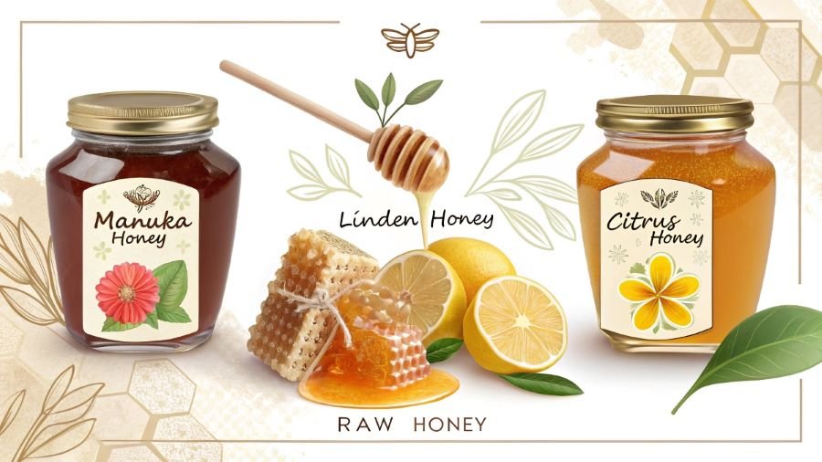 Three glass jars of raw honey—Manuka, Linden, and Citrus—displayed with honeycombs and lemon slices.