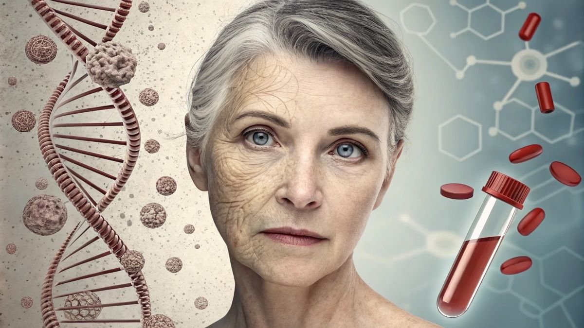 Mature woman with visible wrinkles and aging skin, alongside DNA and blood test tube imagery, suggesting research into anti-aging treatments.