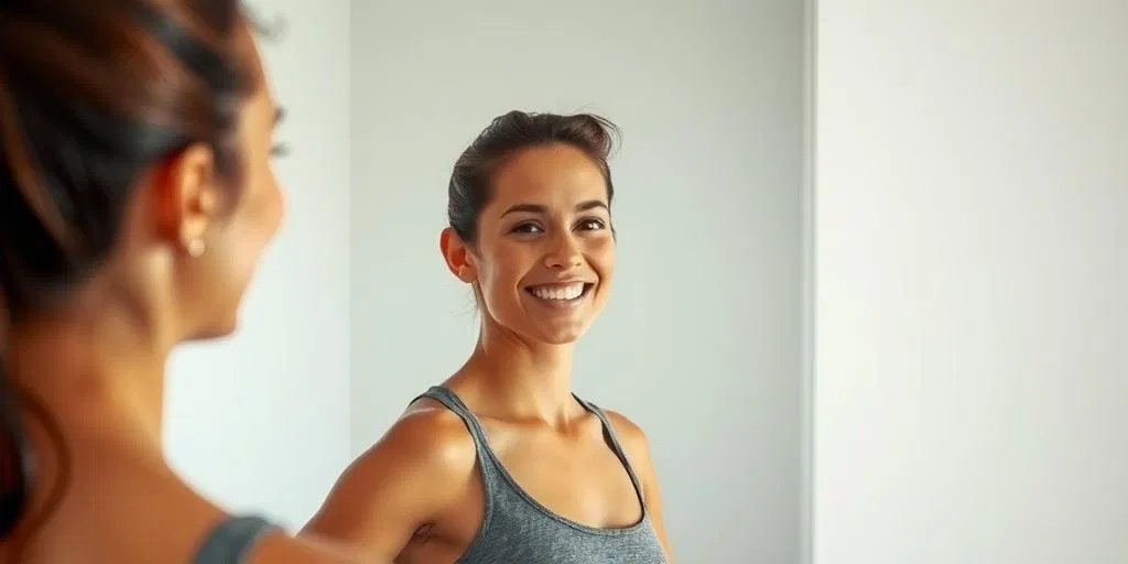 A confident woman in front of a mirror.