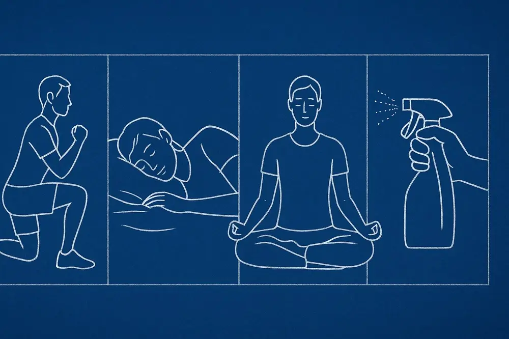 Blueprint illustration showing exercise, sleep, meditation, and avoiding toxins for wellness.