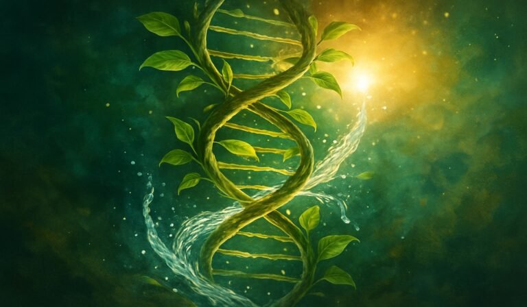 Vibrant DNA helix intertwined with glowing leaves and water, symbolizing natural DNA repair.