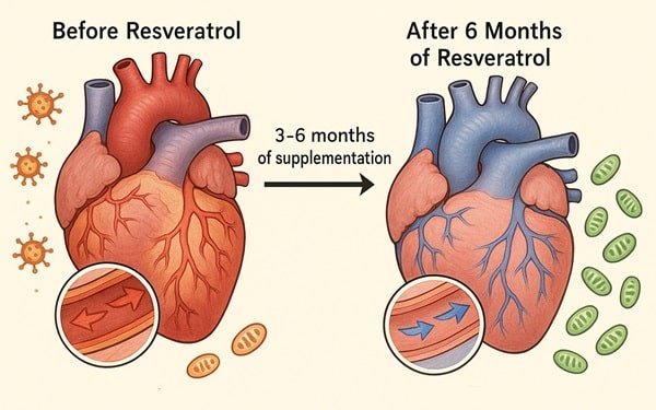 a medical comparison image showing heart health transformation. Left side labeled "Before Resveratrol" shows a heart with inflamed arteries (red/orange), visible oxidative stress symbols, reduced blood flow indicators, and fewer mitochondria. Right side labeled "After 6 Months of Resveratrol" shows the same heart with improved blood flow (blue arrows), reduced inflammation, more vibrant mitochondria, and healthier arterial walls