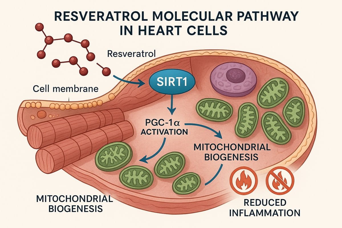 Medical infographic showing resveratrol's molecular pathway in heart cells