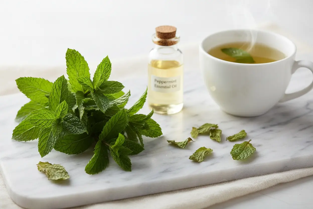 Fresh peppermint leaves with peppermint tea and essential oil for digestive relief