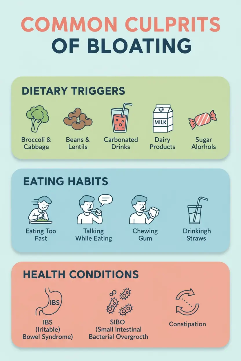 Infographic showing common causes of bloating and gas including dietary triggers, eating habits, and health conditions