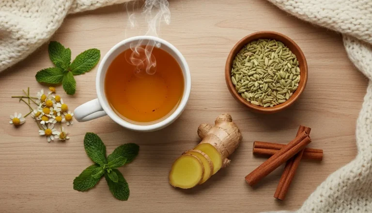 Herbal tea with fresh peppermint, ginger, fennel seeds, and chamomile flowers for bloating and gas relief