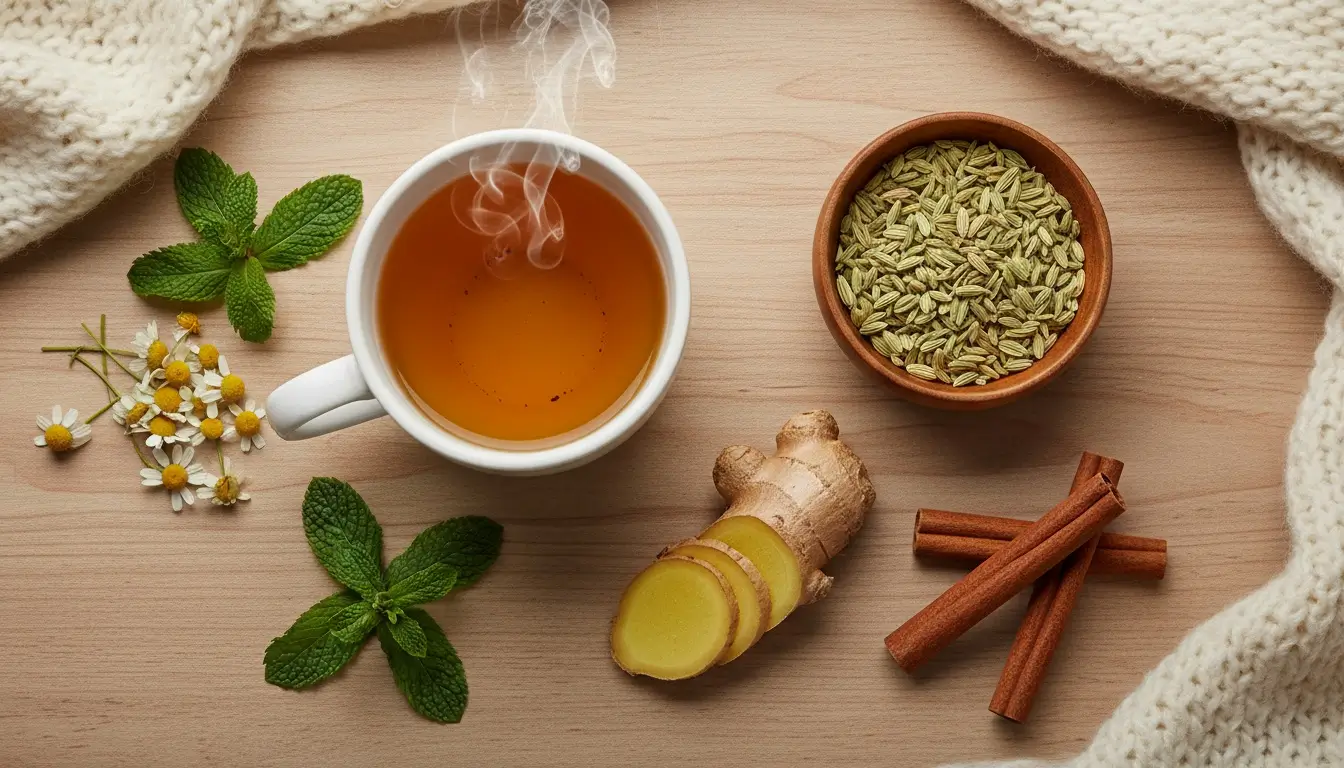 Herbal tea with fresh peppermint, ginger, fennel seeds, and chamomile flowers for bloating and gas relief
