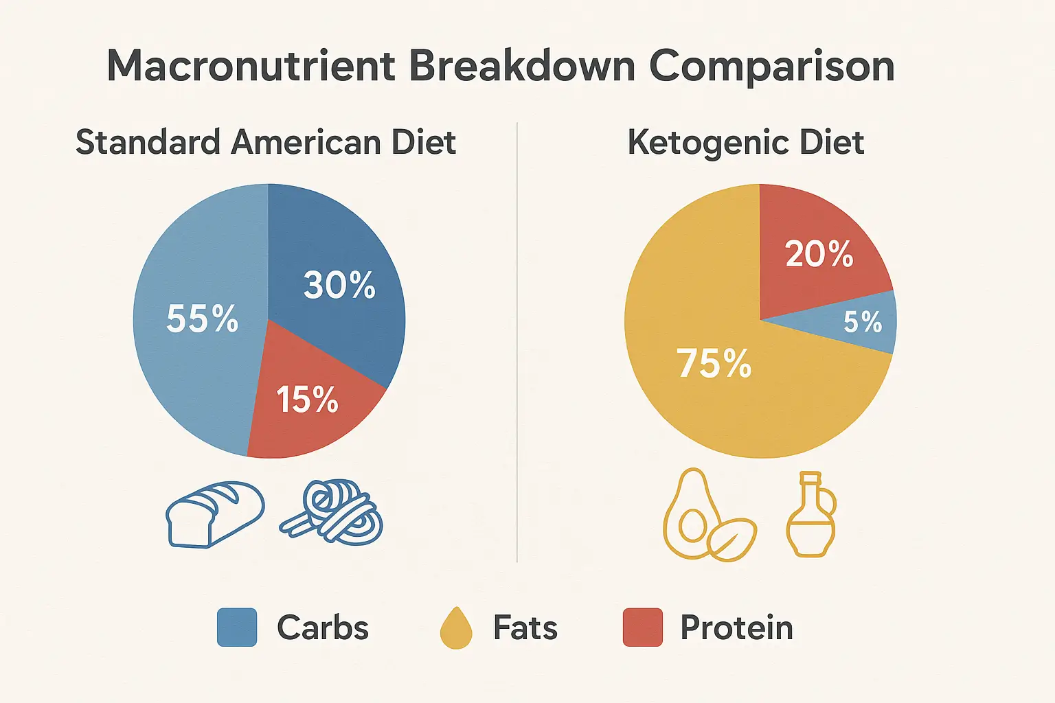 Macronutrient comparison chart showing standard diet versus ketogenic diet percentages