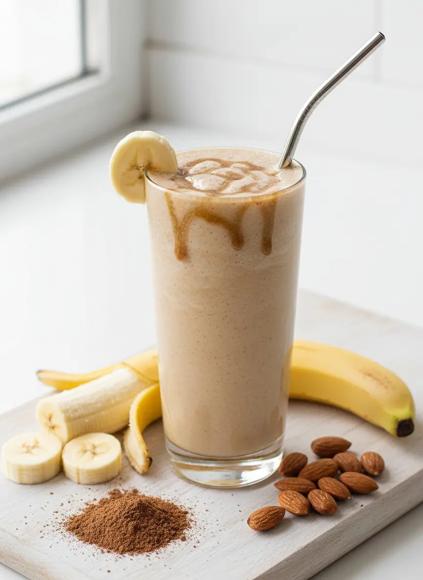 Creamy carob smoothie in tall glass garnished with banana slice and almond butter drizzle