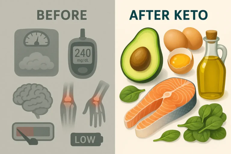 Split-screen design with "BEFORE" and "AFTER" Keto concept.