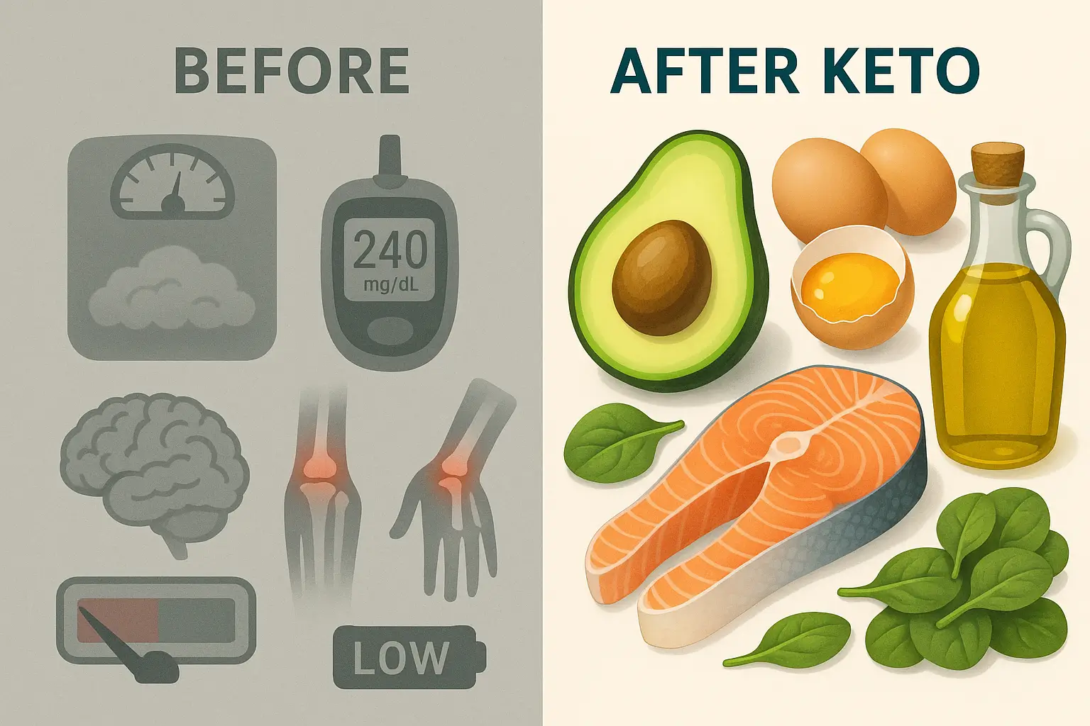 Split-screen design with "BEFORE" and "AFTER" Keto concept.