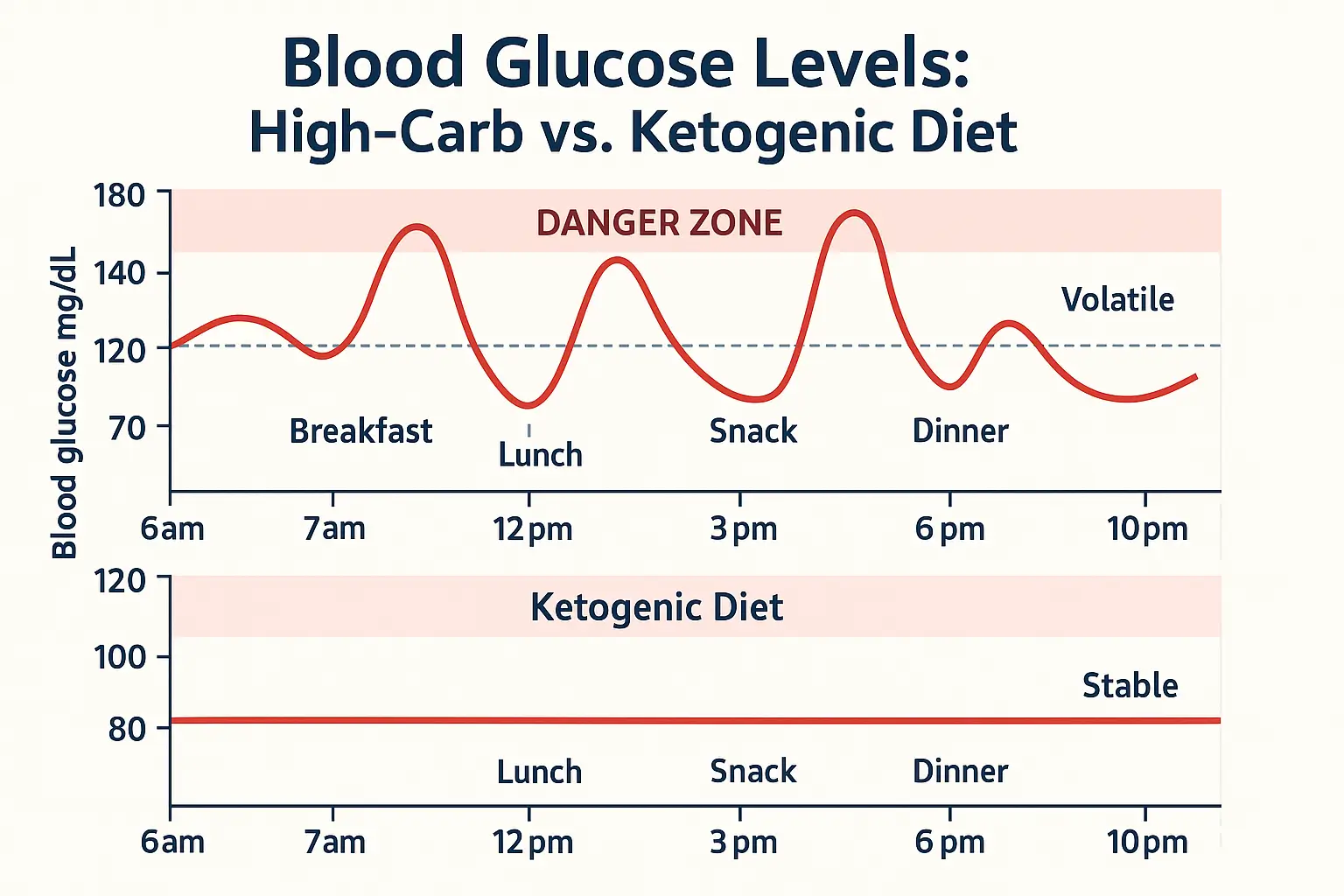 Graph comparing blood sugar levels throughout the day on standard diet versus ketogenic diet.