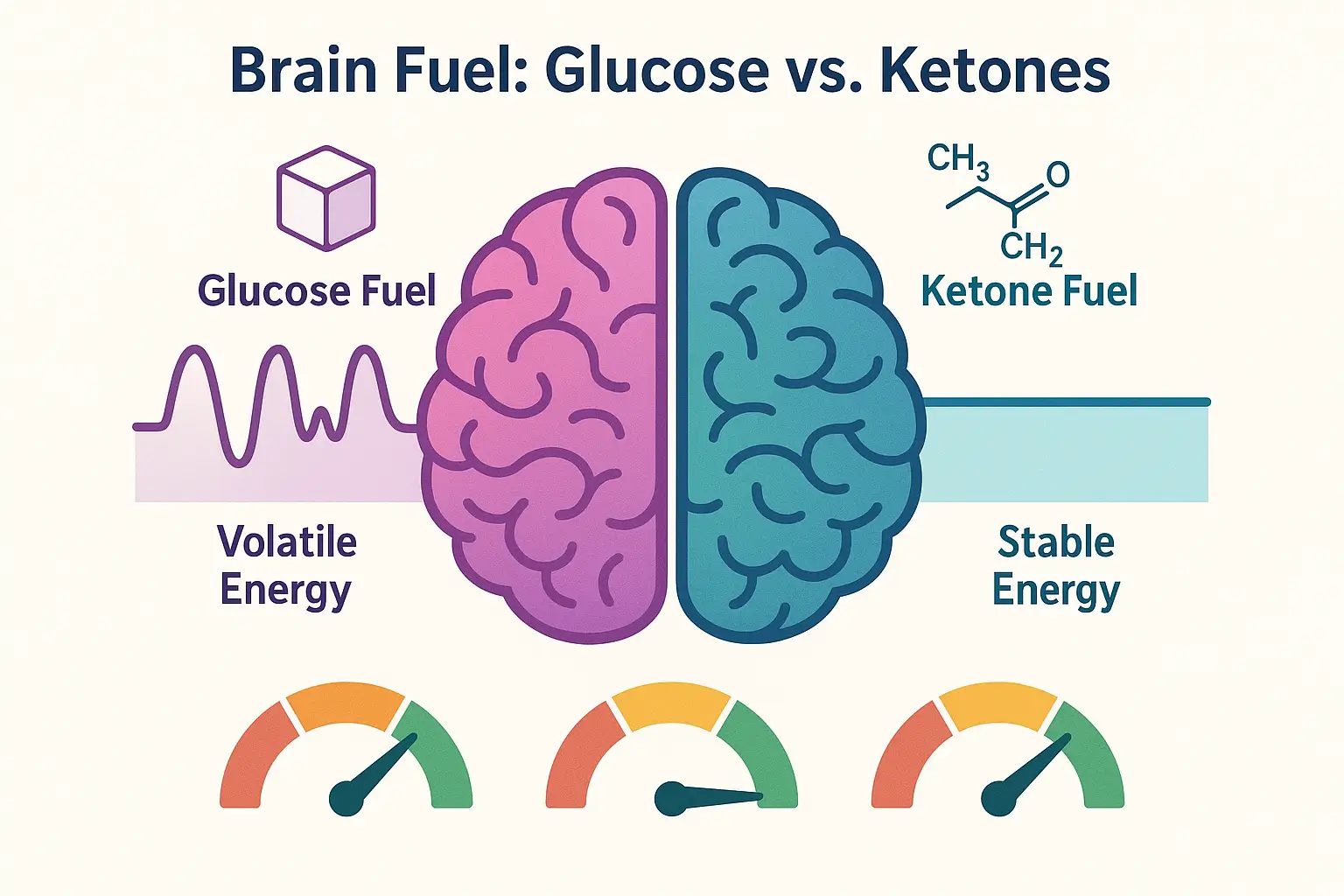 Brain illustration comparing glucose versus ketone fuel efficiency and stability