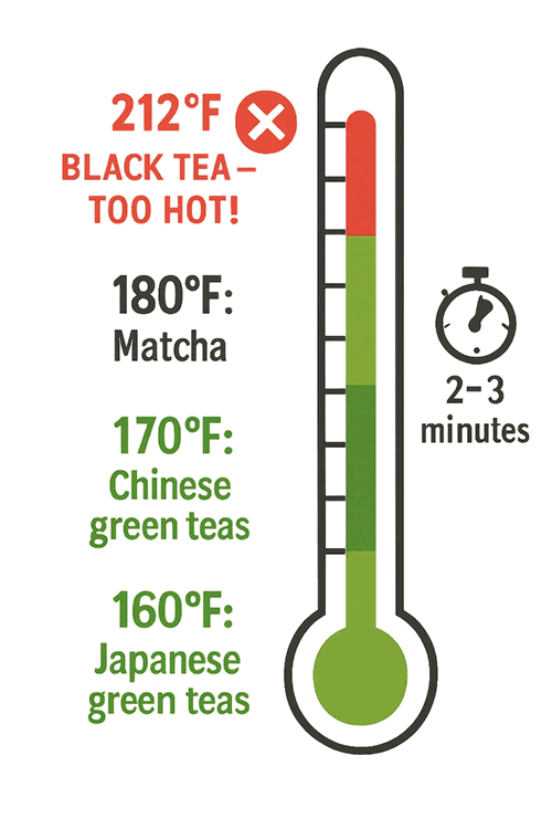 Green tea brewing temperature guide showing optimal heat for different varieties