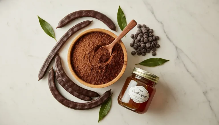 Carob powder, carob pods, carob chips, and carob syrup arranged on wooden surface showing different forms of carob