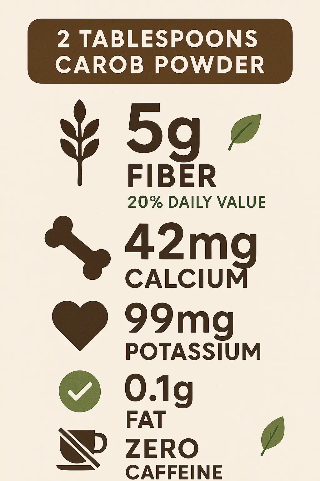 Nutritional infographic showing carob powder contains 5g fiber, 42mg calcium, 99mg potassium, 0.1g fat, and zero caffeine per 2 tablespoons