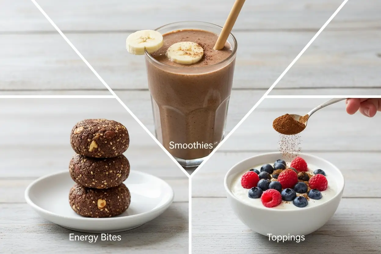 Three ways to use carob showing smoothie, energy bites, and yogurt topping with carob powder
