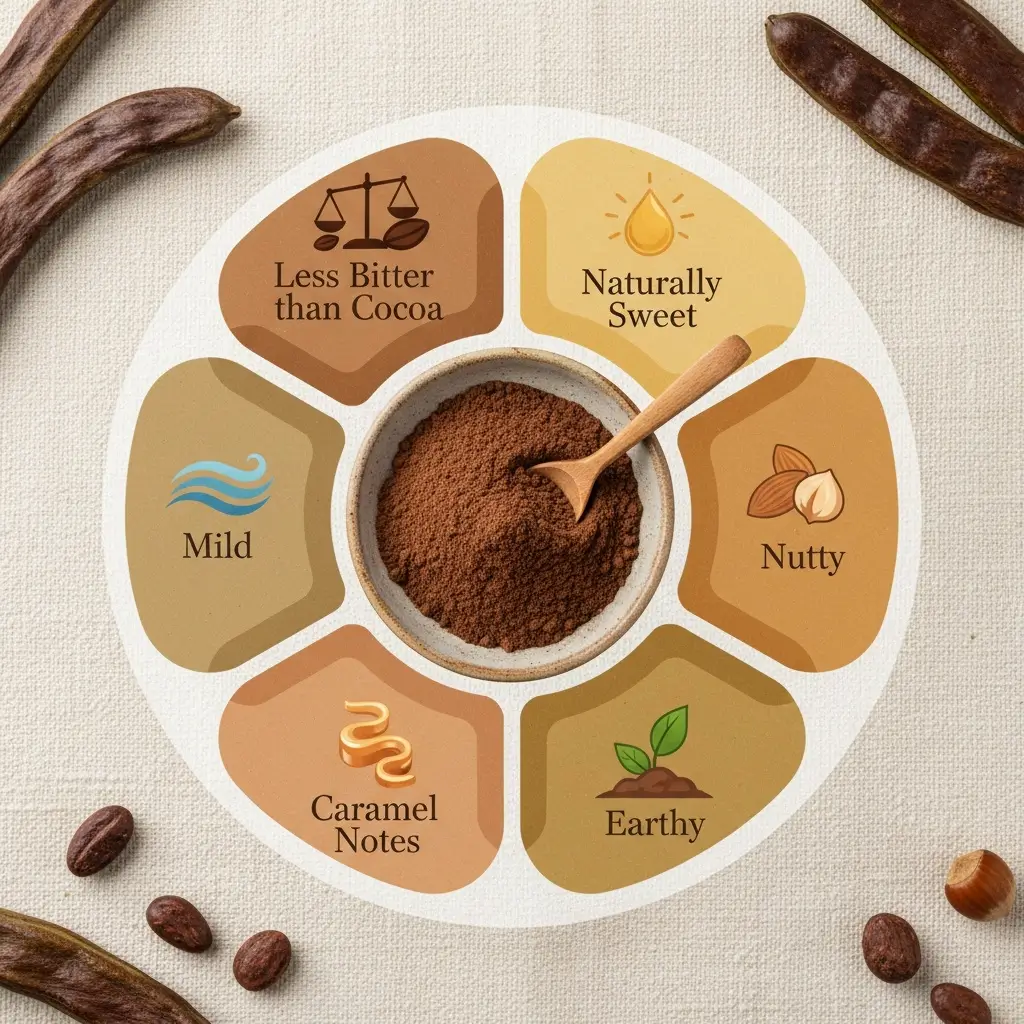 Carob flavor profile showing naturally sweet, nutty, earthy, and caramel taste notes with mild bitterness.