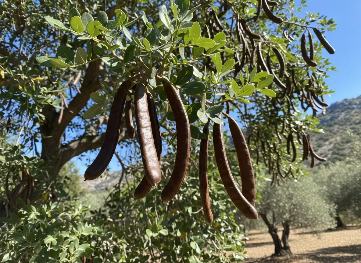 Carob tree with dark brown pods hanging from branches in Mediterranean climate