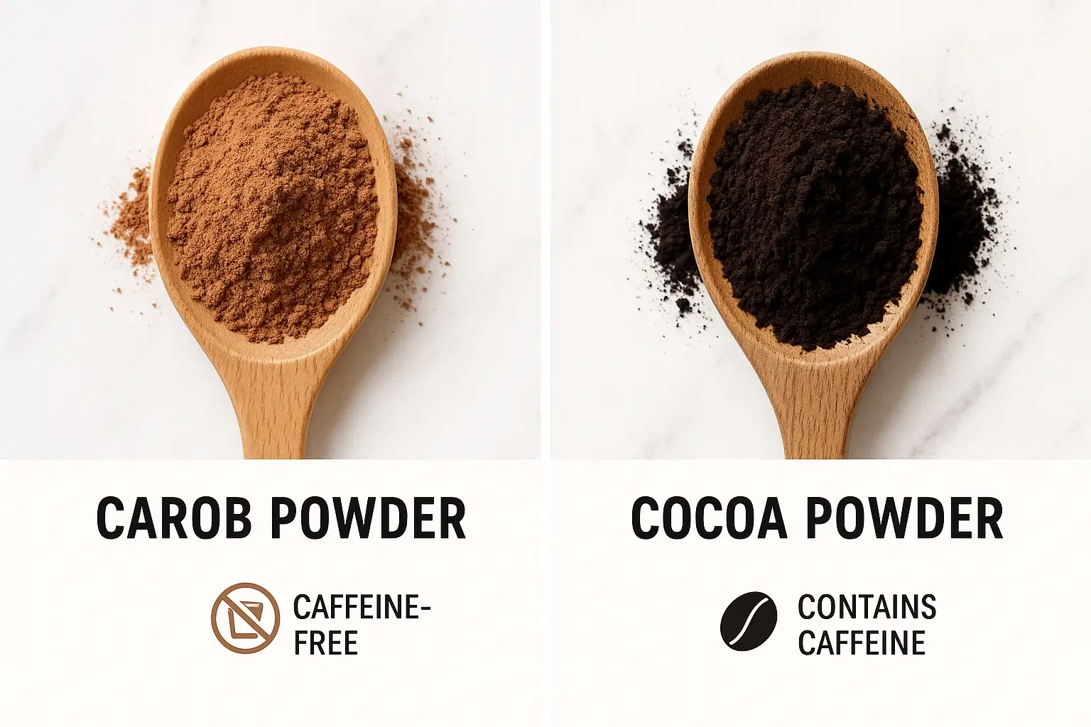 Side by side comparison of carob powder and cocoa powder showing color difference and caffeine content