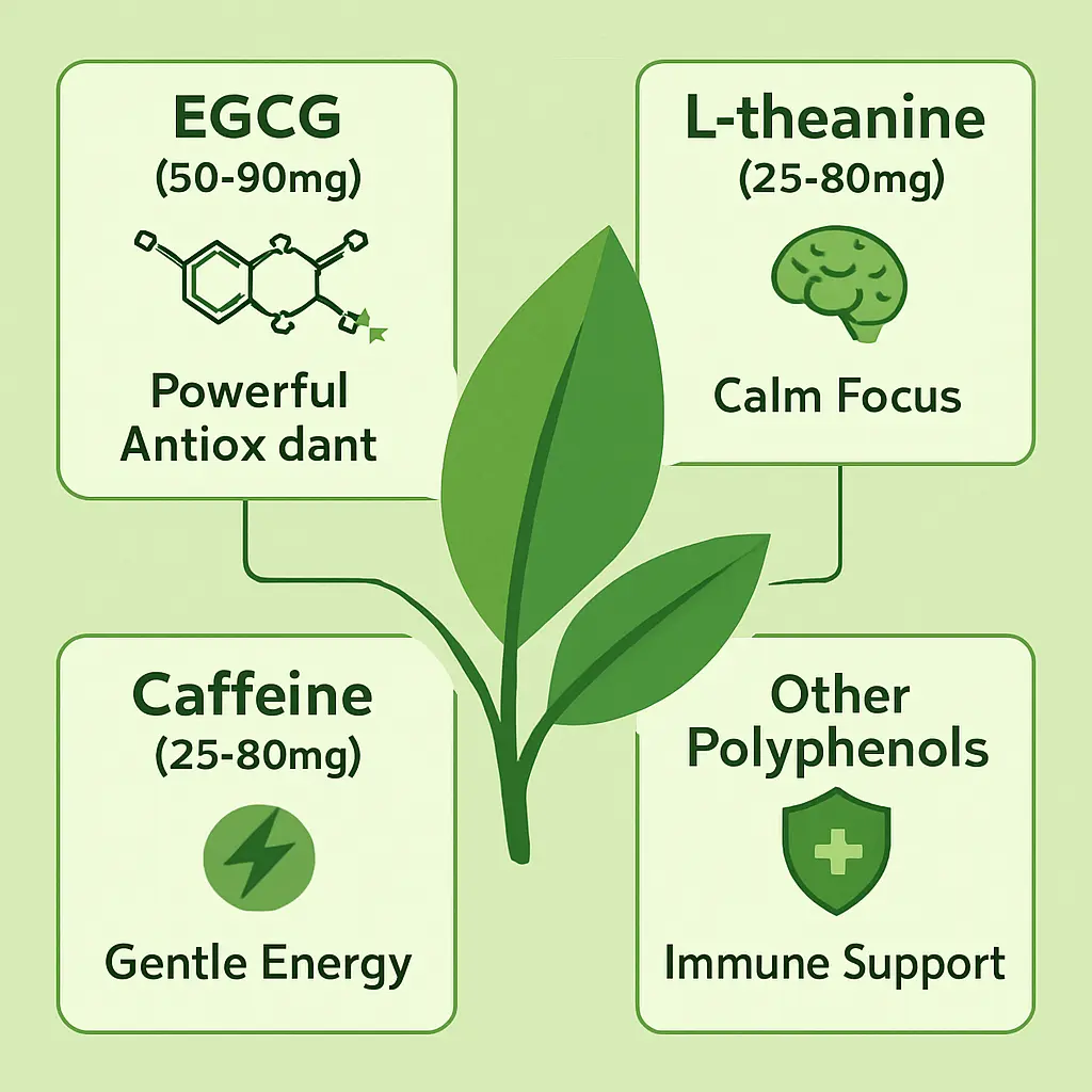 Infographic showing EGCG, L-theanine, caffeine and polyphenols in green tea