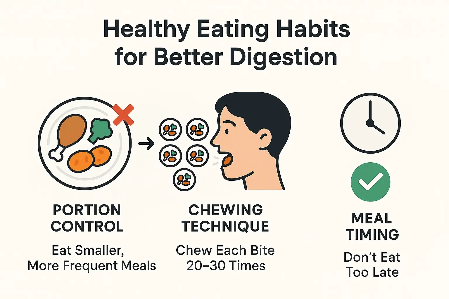 Healthy eating habits to prevent indigestion: smaller meals, thorough chewing, waiting before lying down