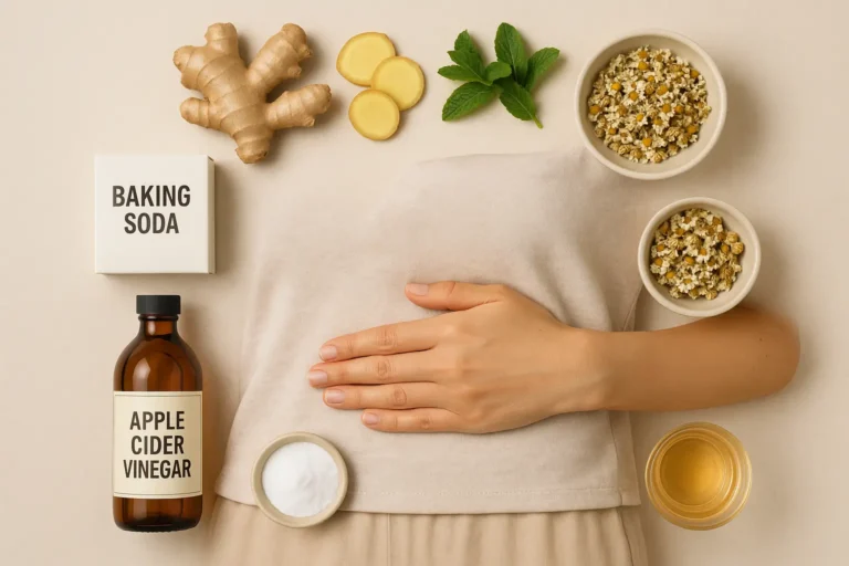 Natural home remedies for fast indigestion relief including ginger, peppermint, and baking soda.
