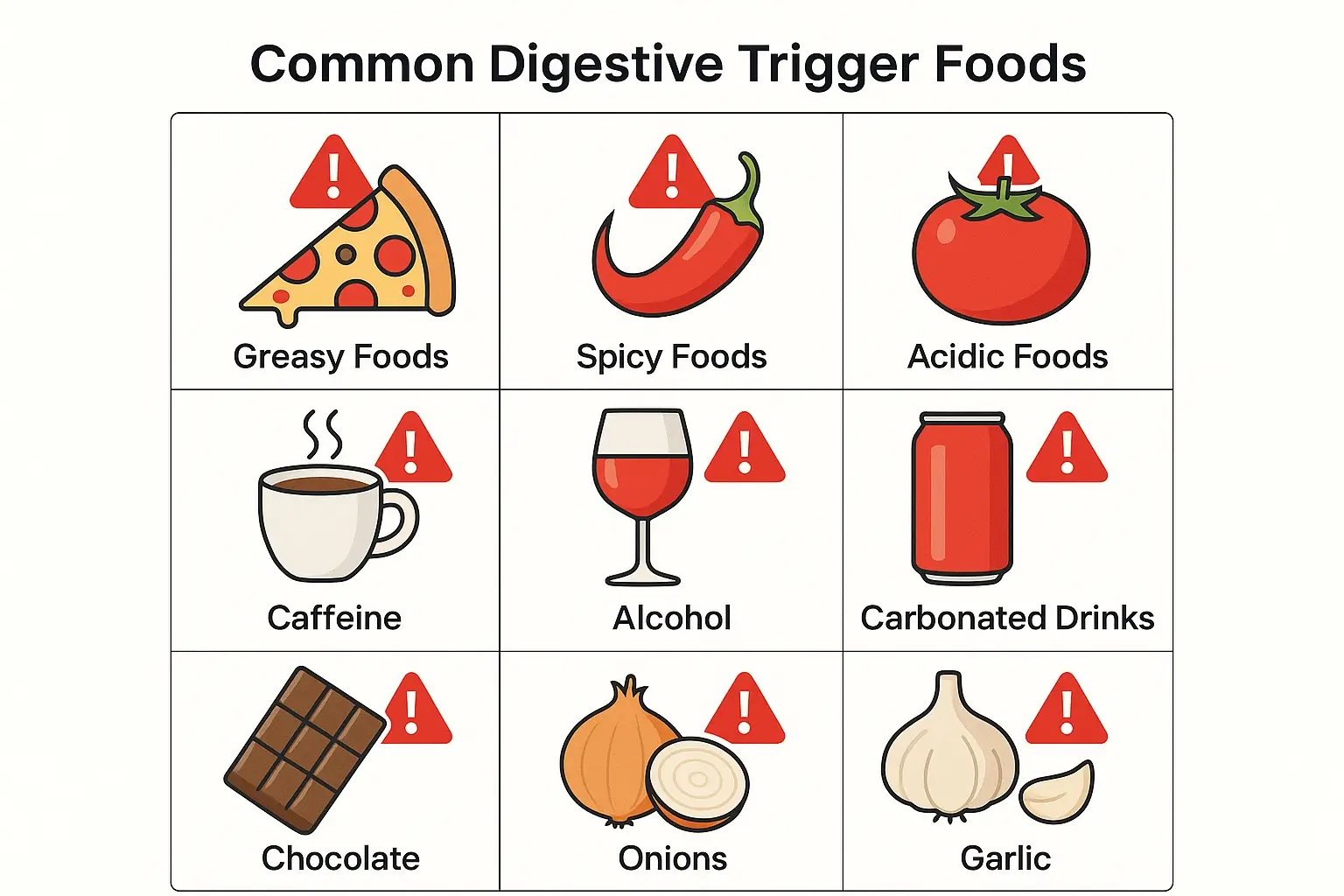 Common trigger foods that cause indigestion including spicy, fatty, and acidic foods