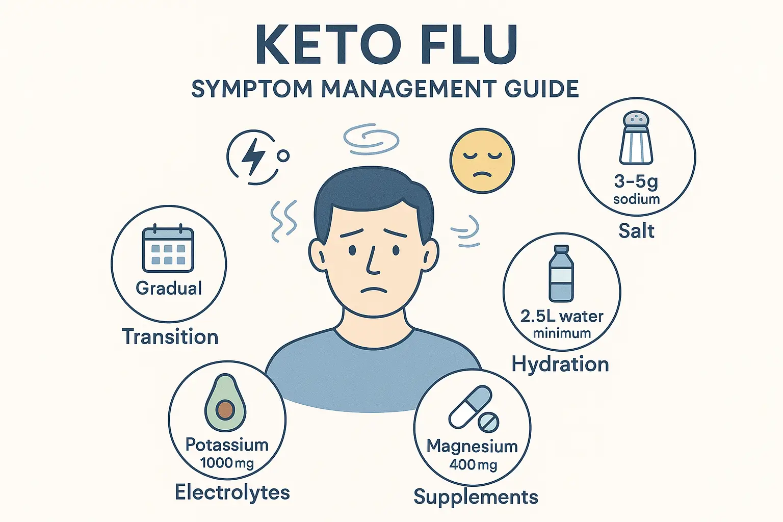 This infographic provides a practical, reassuring guide for managing keto flu symptoms, showing the solutions.