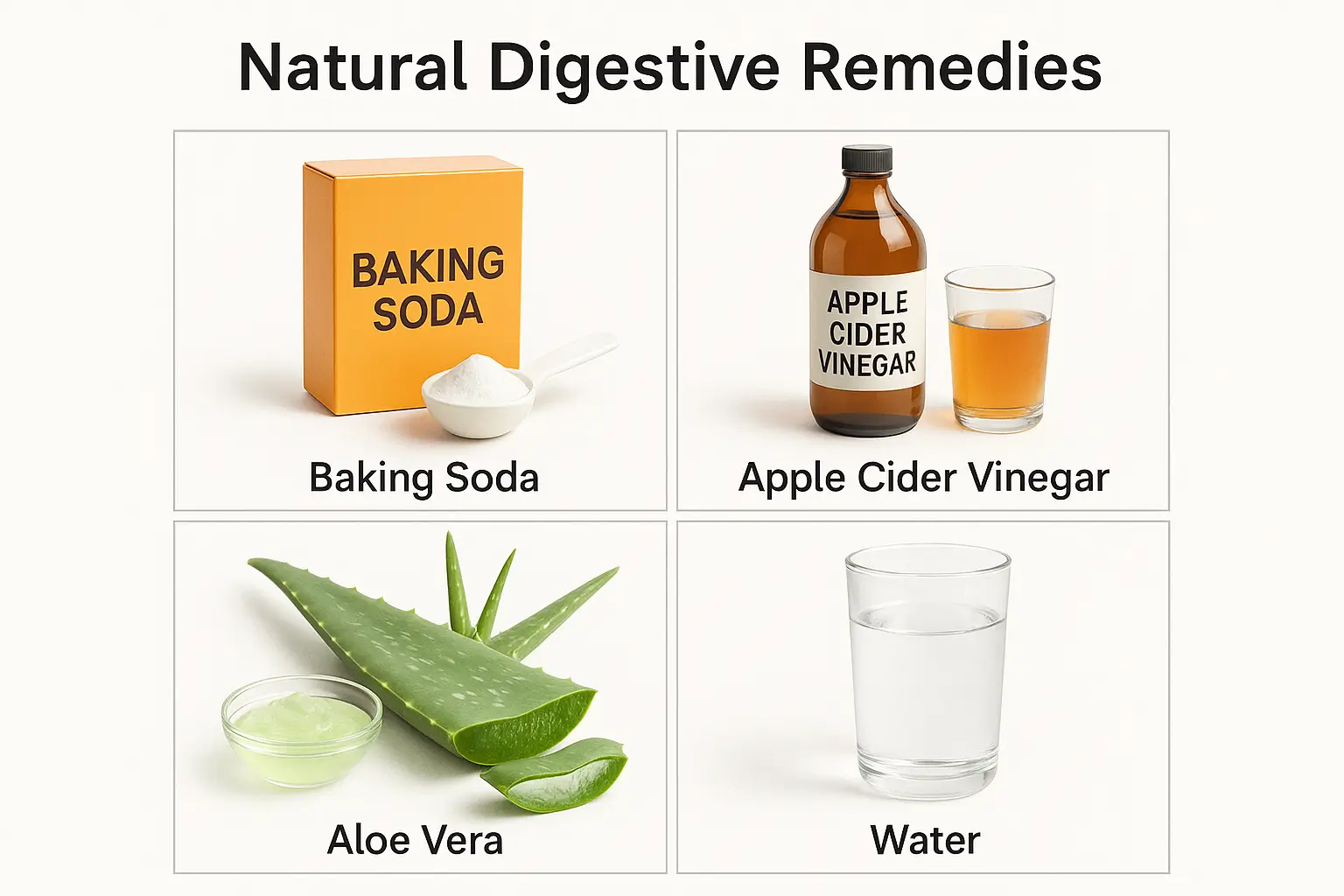 Four kitchen ingredients for fast indigestion relief: baking soda, apple cider vinegar, aloe vera, and water