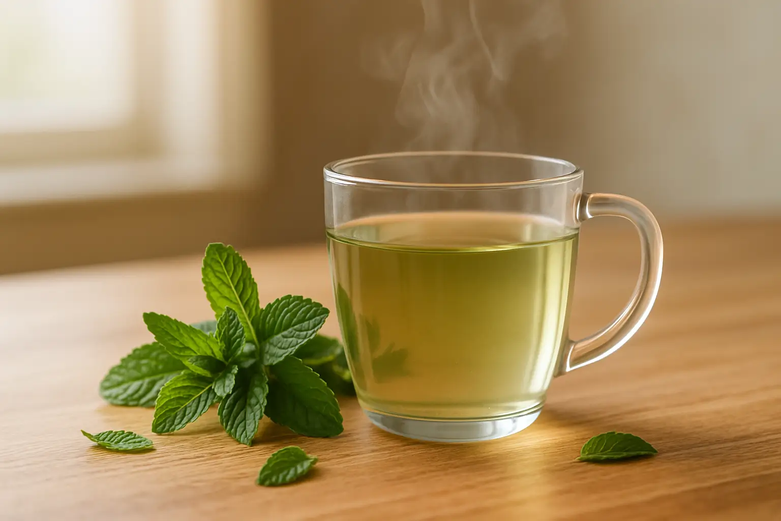 Fresh peppermint tea in glass mug for indigestion relief