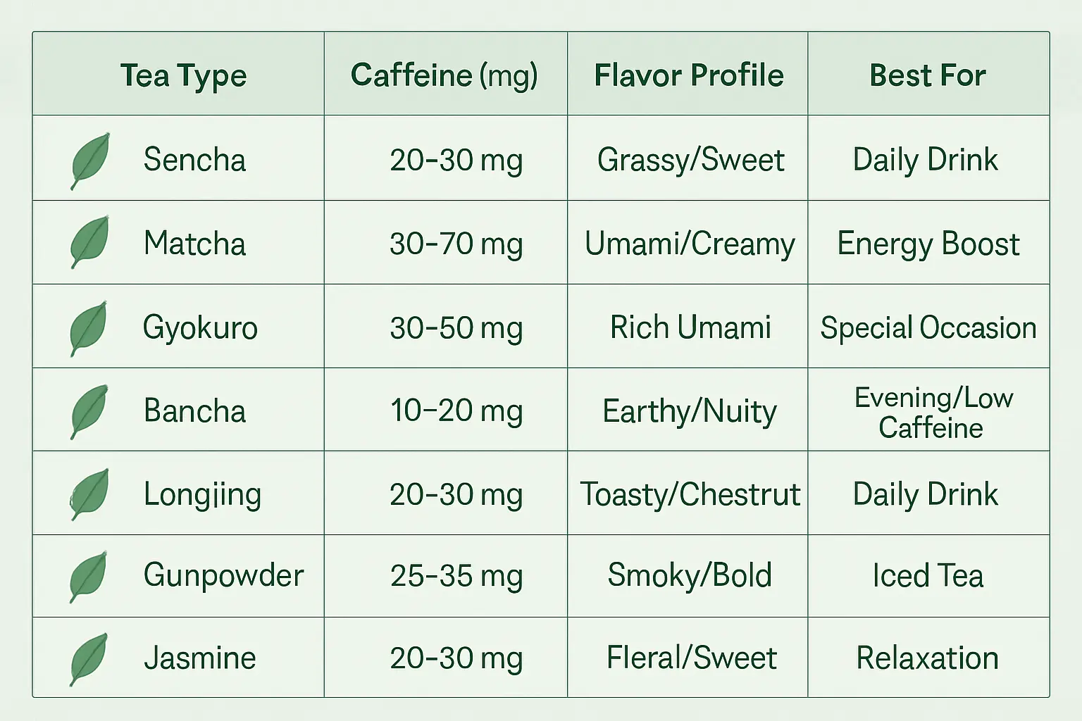 Green tea varieties comparison chart with caffeine content and flavor profiles