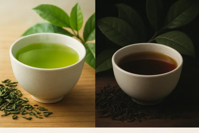 Green tea cup with fresh tea leaves showing the difference between green and black tea processing