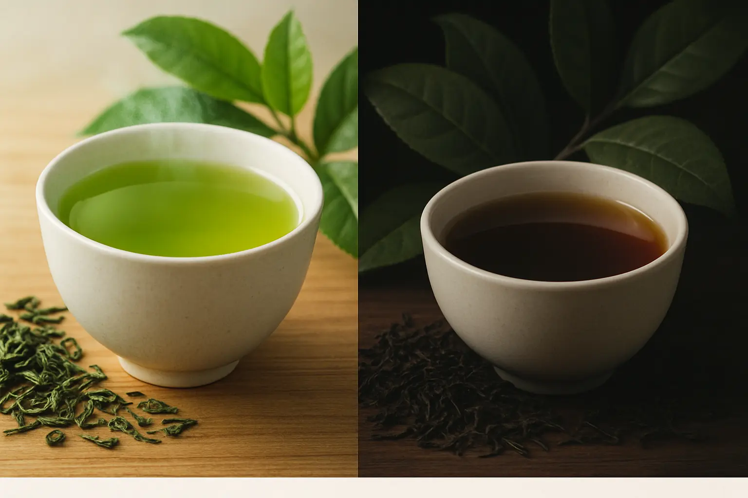 Green tea cup with fresh tea leaves showing the difference between green and black tea processing