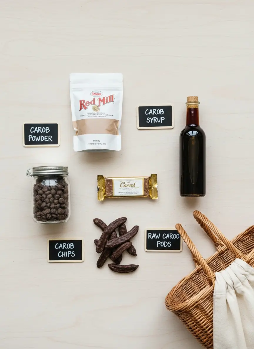 Various carob products including powder, chips, syrup, bars, and raw pods available for purchase