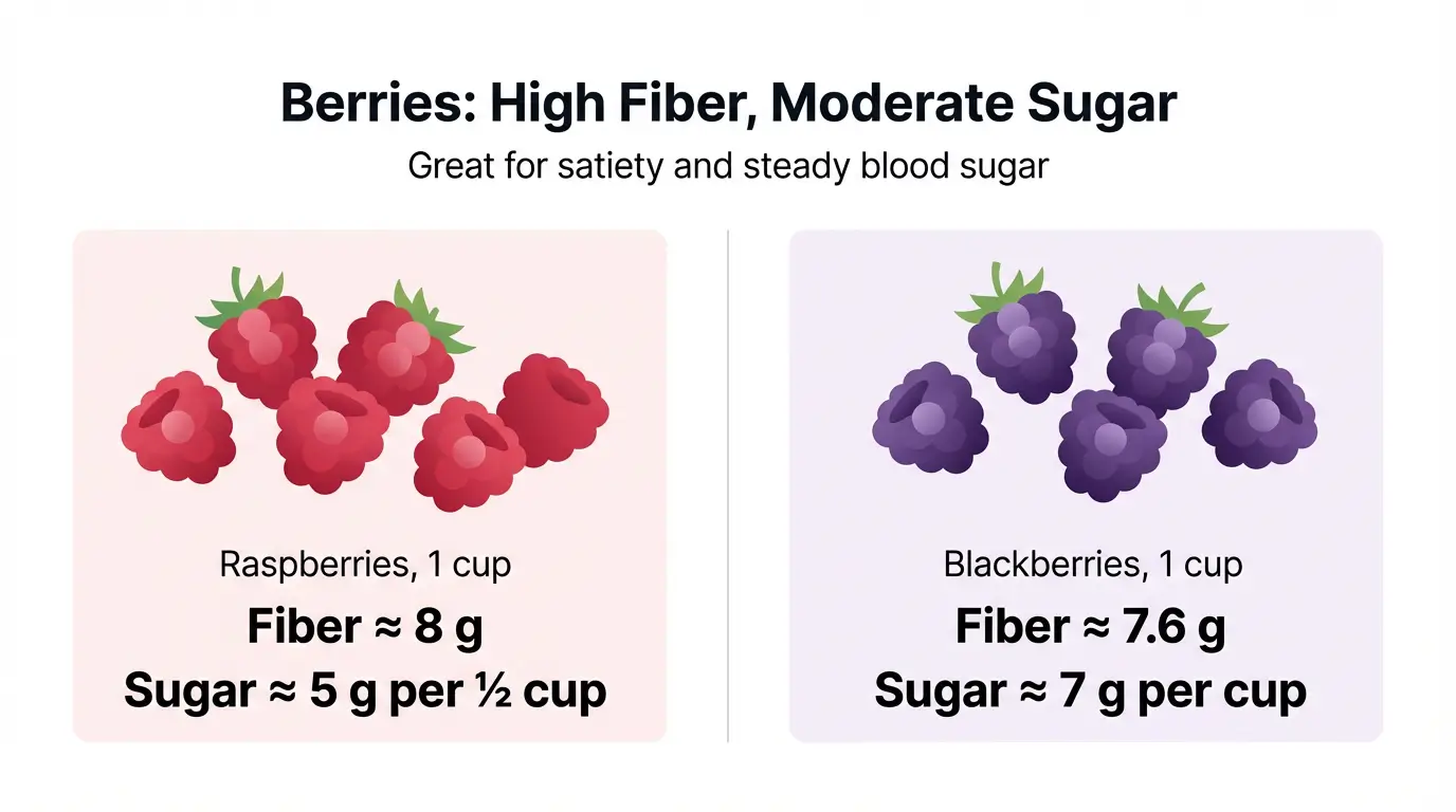 Infographic showing fiber and sugar content for raspberries and blackberries per cup.